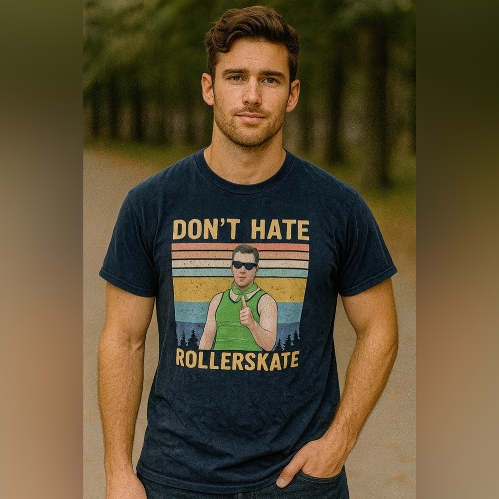 Men’s Novelty Tshirt funny Don’t Hate Rollerskate Navy Blue Size Large​​​​​​​​